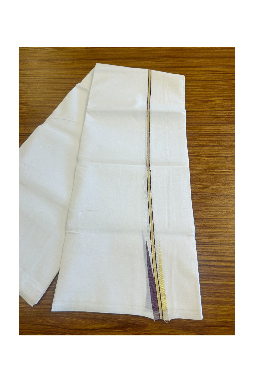 20% DISCOUNT!! KaithariKada Balaramapuram 100% Cotton PURE WHITE Double Mundu/Dhoti-100x100  - 1 inch Puliyilakkara kasavu & Wine purple  chutty - 21KK481ASH