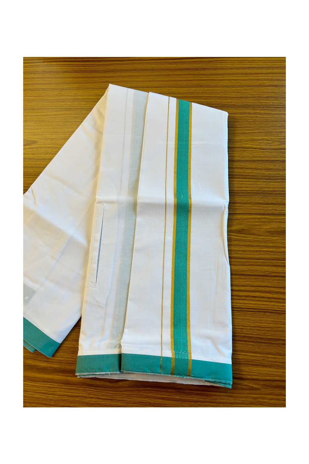 KaithariKada Balaramapuram COTTON SINGLE PURE WHITE VELCRO Mundu/Dhoti - 1.75inch Green & Kasavu kara (2 metre / 4 muzham)- 21KK485SRI