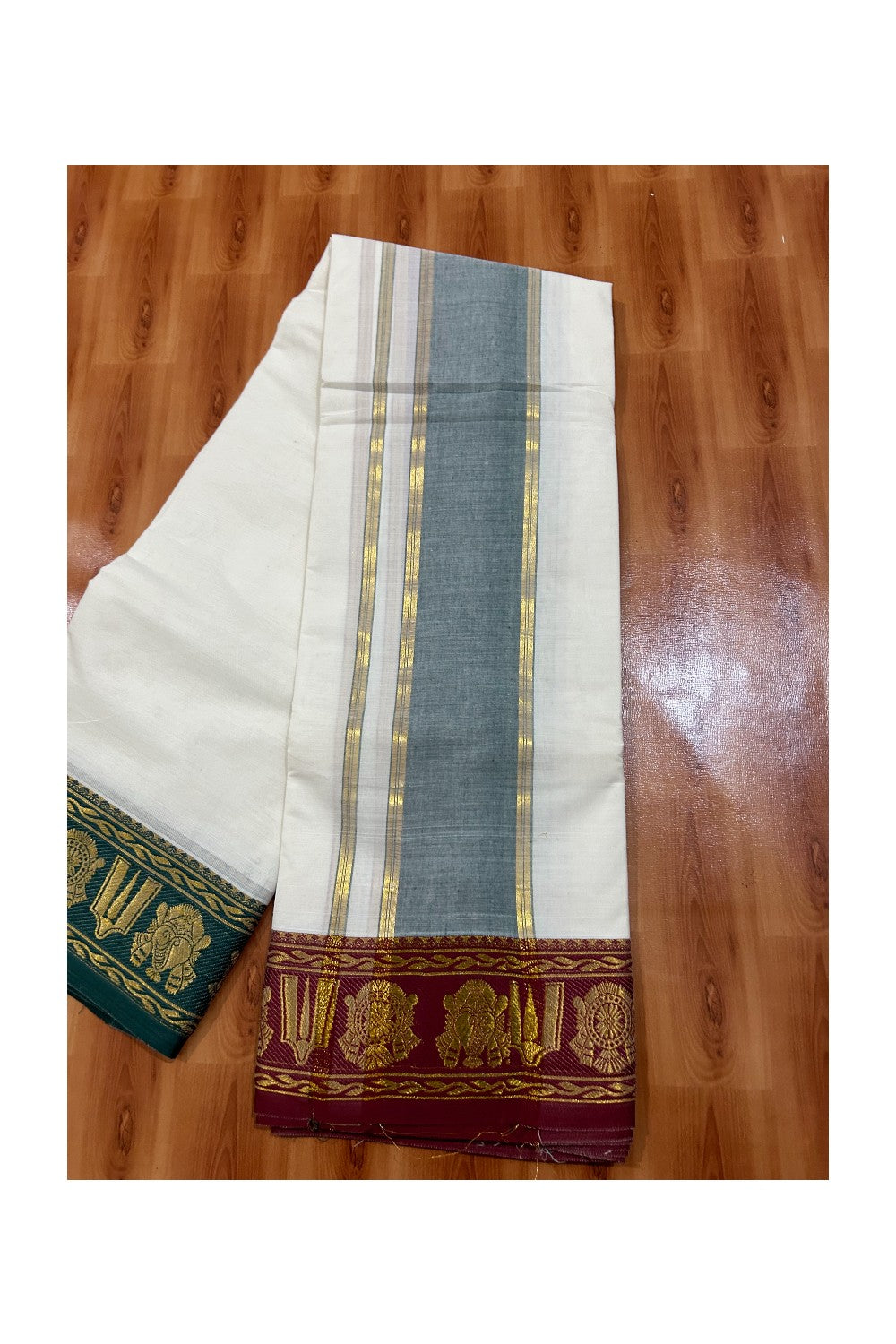 36% DISCOUNT! KaithariKada Cotton Mix Off White - (Unbleached) 80x80 thread -80 % Cotton & 20% Polyester- NORTH INDIAN - ATTACHED GAMCHA 9X5 Dhoti 5 inch Green kara with Maroon Kasavu border  - 21KK5005PMC