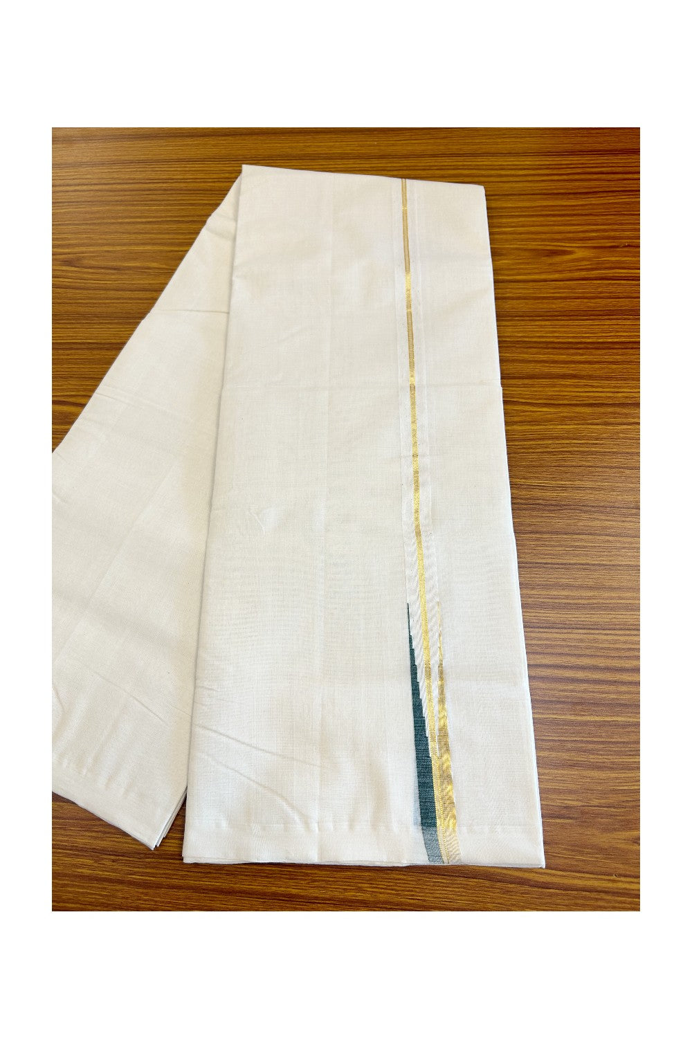 30% DISCOUNT!! KaithariKada HANDLOOM Millpaav Balaramapuram - 100% PURE Cotton OFF White - (Unbleached) Double Mundu/Dothi - 1 inch puliyilakkara Kasavu & green chutty - 21KK5011RAM