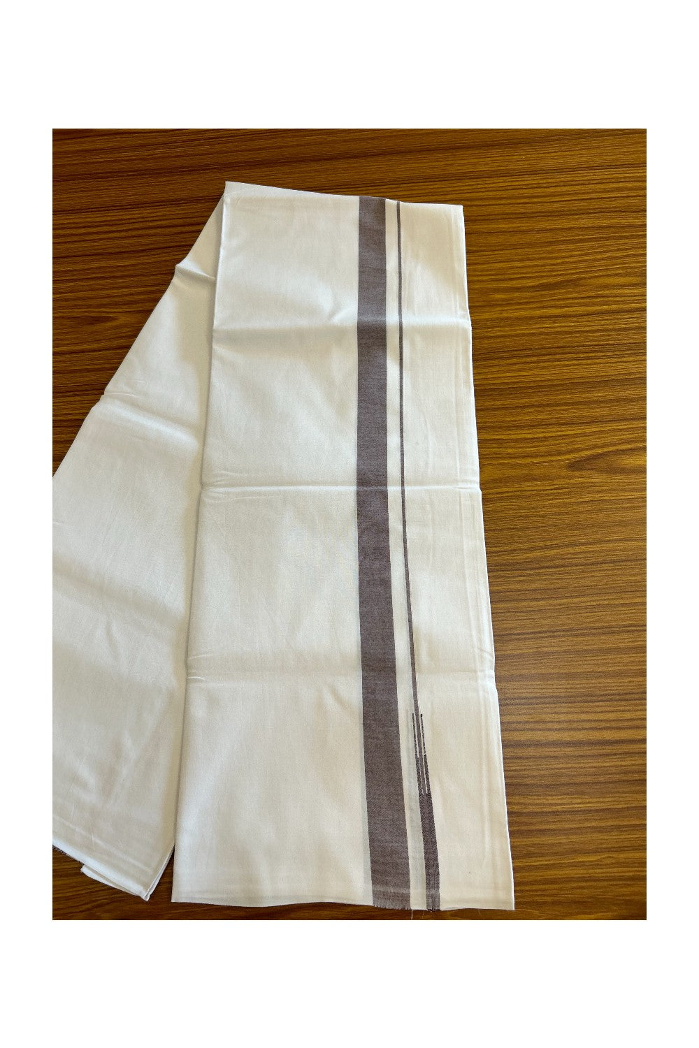 25% DISCOUNT!! KaithariKada Balaramapuram 100% Cotton PURE WHITE Single Mundu/Dhoti-100x100  Puliyilakkara Brown Shaded chutty (2 meter / 4 muzham) - 21KK5043ASH