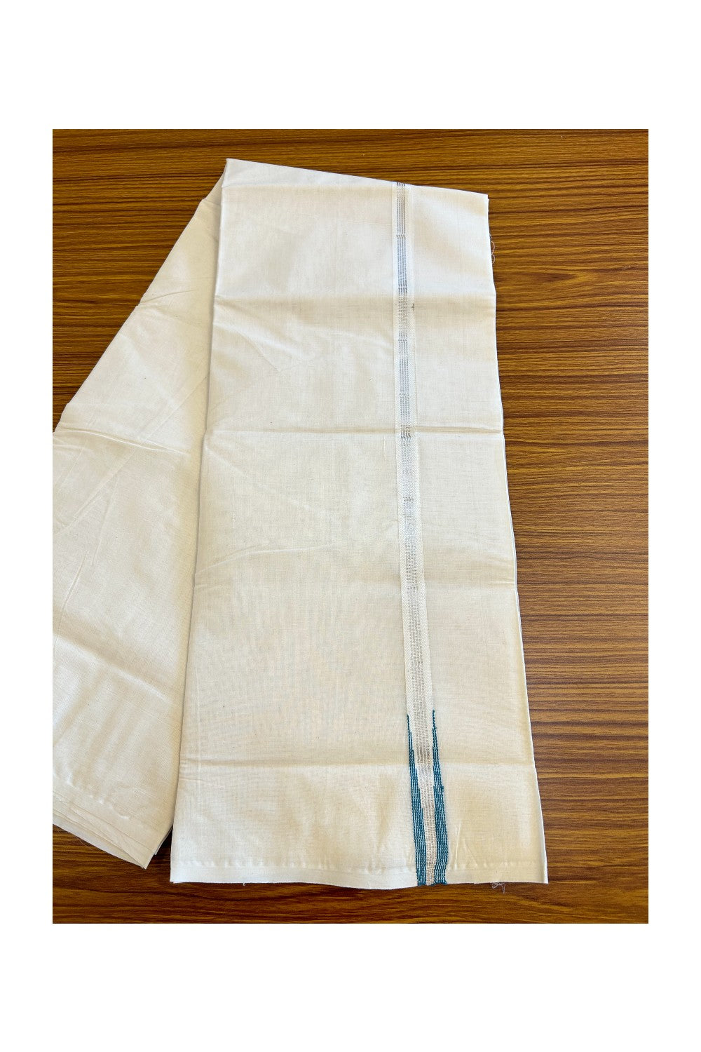 19% Discount KaithariKada Balaramapuram 100% Cotton Off White Double -(Unbleached) Mundu/Dhoti - 100x100 - 2 cm Puliyilakkara Chutty stripes Silver Kasavu & Peacock Blue Kara - 5