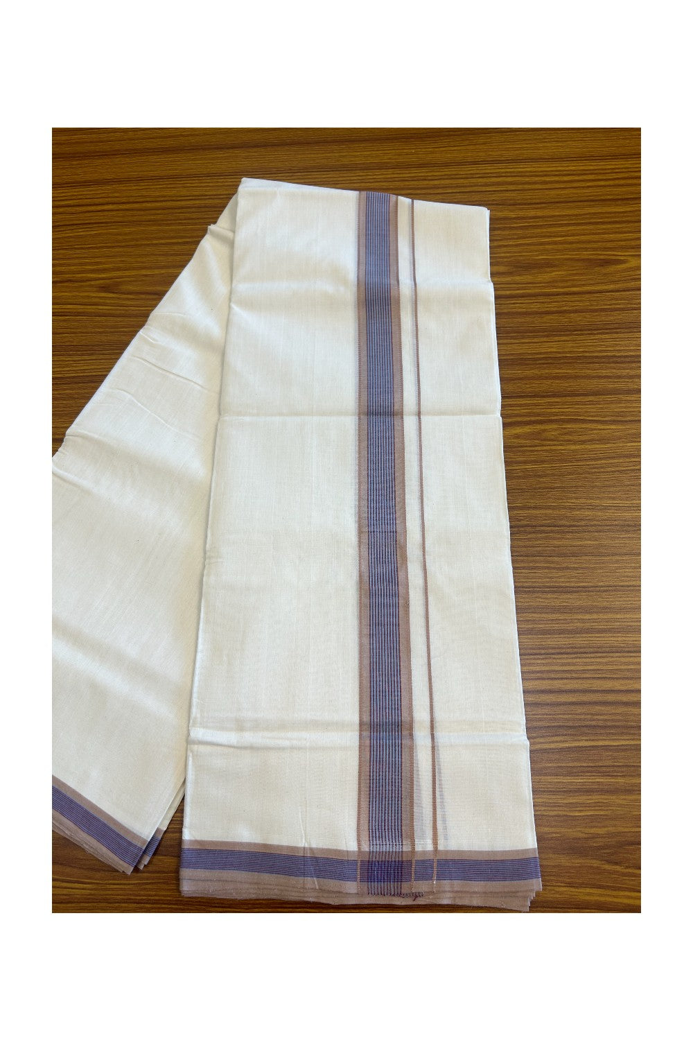 30% Discount KaithariKada HANDLOOM Unakkupaav Balaramapuram - 100% PURE Cotton Off White (Unbleached) - 100x100 Double Mundu/Dhoti -  2.25 inch Brown + Violet & Blue Stripes Kara-98