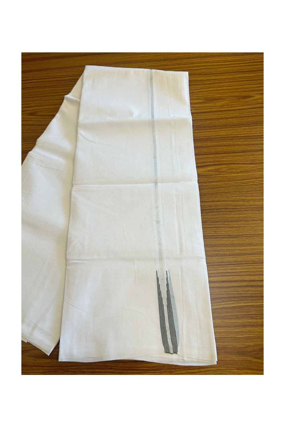 NEW!! 19% Discount!! KaithariKada Balaramapuram 100% Cotton PURE WHITE Double Mundu/Dhoti-100x100 0.75 inch  Puliyilakkara Chutty Silver Kasavu & Sage Green Kara- Onam Collection-181