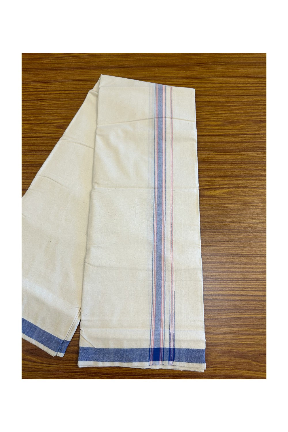 30% Discount ! KaithariKada 100% Cotton Balaramapuram HANDLOOM Single Mundu/Dhoti - Off White (Unbleached) 1.Inch (2 meter / 4 muzham) Blue & Red Stripes Kasavu Puliyilakkara Chutty.