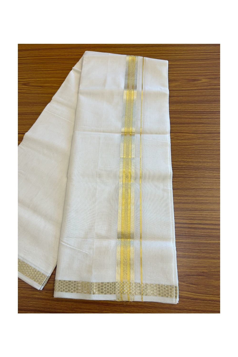25% Discount!!! KaithariKada HANDLOOM UNAKKUPAAV Balaramapuram - 100% PURE Cotton off white (Unbleached) Double Mundu/Dhoti -100x 100 - 2 inch Gold & silver Kasavu Stripes Design kara  - 20KK5096YAR