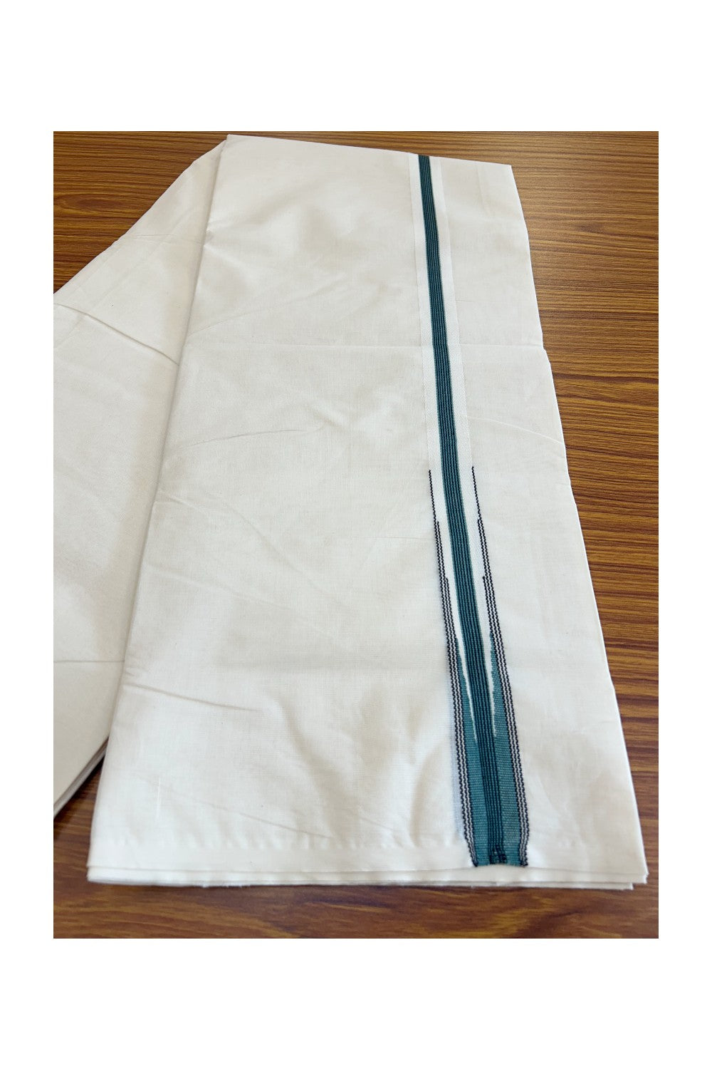 SHORT DHOTI SPECIAL! Kaitharikada.com - 19% Discount! Balaramapuram Double Off white - (Unbleached) Mundu/Dhoti - 100X100 - 1 inch Kara & 45 inches Height  Puliyilakkara Teal green & Black Striped Chutty Kara - 23KK5120ASH
