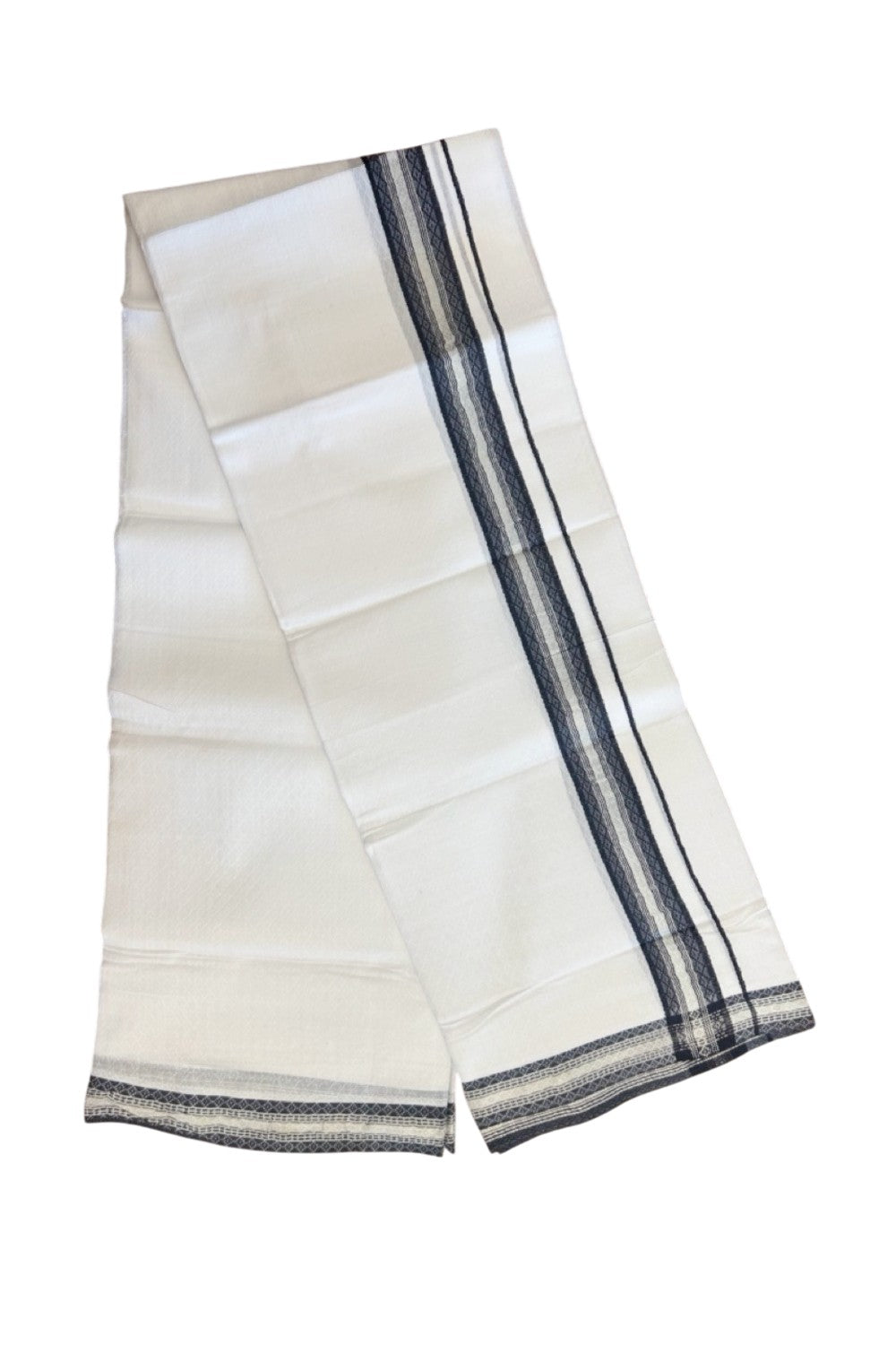 EMBOSSED COTTON 33% DISCOUNT!! Kaitharikada Balaramapuram 100% Cotton PURE WHITE Double Mundu/Dothi - 100X80 - 1.5 Inch Black Silver striped Kara with embossed design body - 21KK5155THI