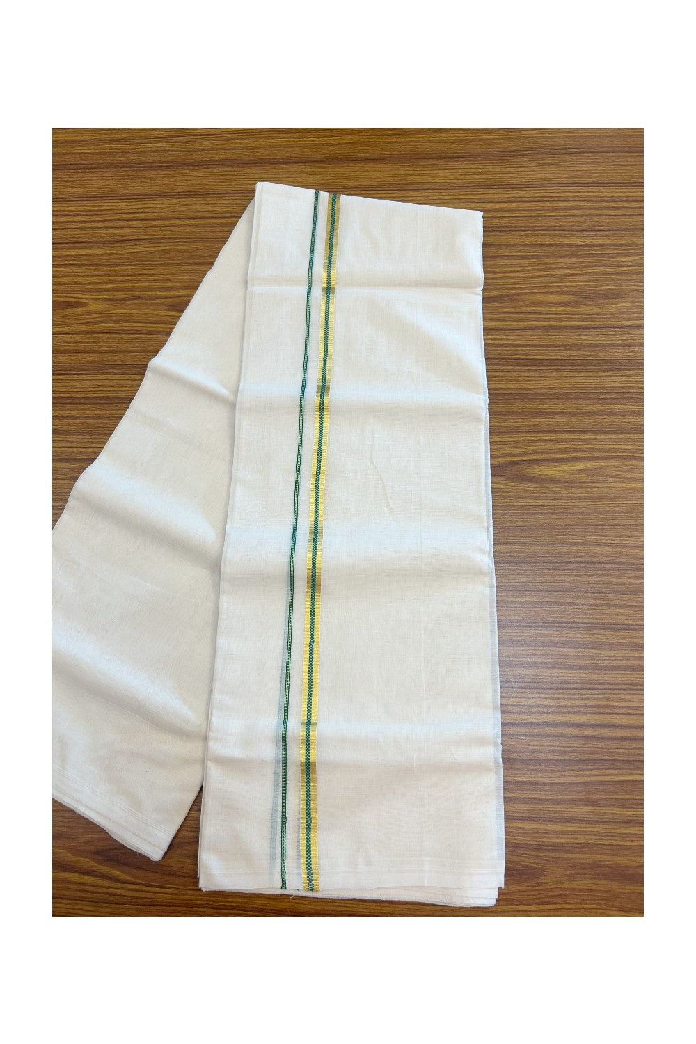 27% DISCOUNT! KaithariKada BALARAMAPURAM HANDLOOM UNAKKUPAAV - 100% PURE Cotton Off white (Unbleached) Double Mundu/Dhoti - 0.5 inch Gold Kasavu & Muthukkuri Green Kara (8 Muzham) - 7KK5161SOM
