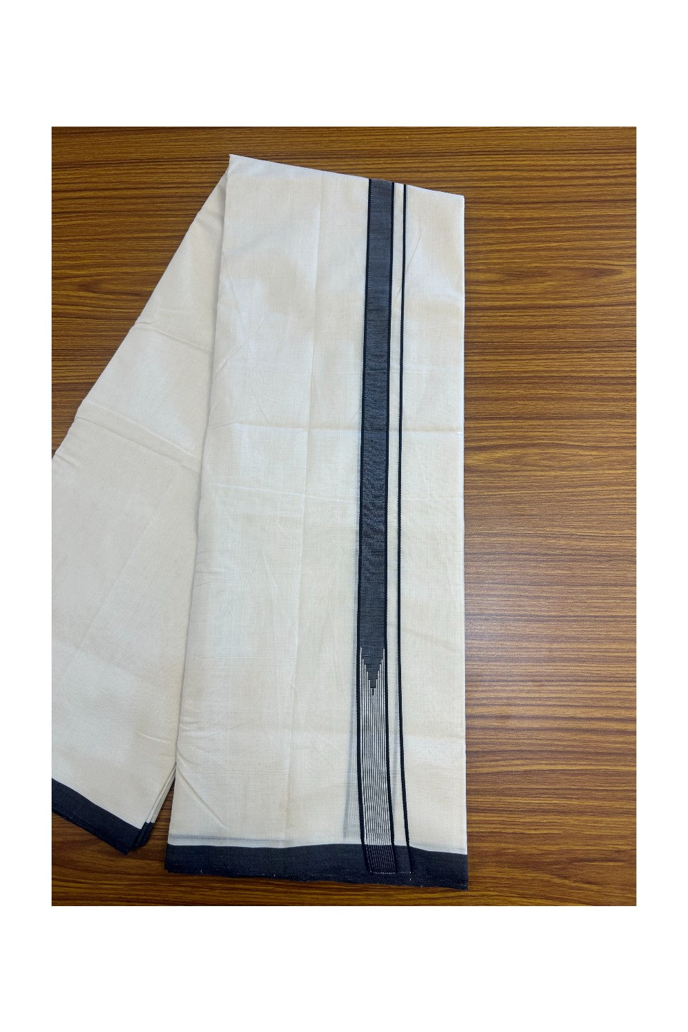 25% DISCOUNT!! KaithariKada HANDLOOM  UNAKKUPAAV Balaramapuram - 100% PURE Cotton OFF White - (Unbleached) Double Mundu/Dothi - 100X100 - 1 inch Silver kasavu Puliyilakkara Navy blue & White striped chutty 3.80 meter (8.5 Muzham) - 7KK5167REA