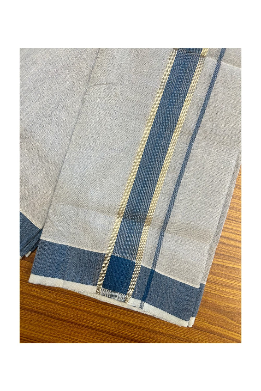 25% DISCOUNT! KaithariKada HANDLOOM MILLPAAV Balaramapuram - 100% PURE Cotton Off White (Unbleached) - Double Mundu/Dhoti - 2 inch Gold Kasavu striped kara & Blue Tissue Body - 21KK5170RAM