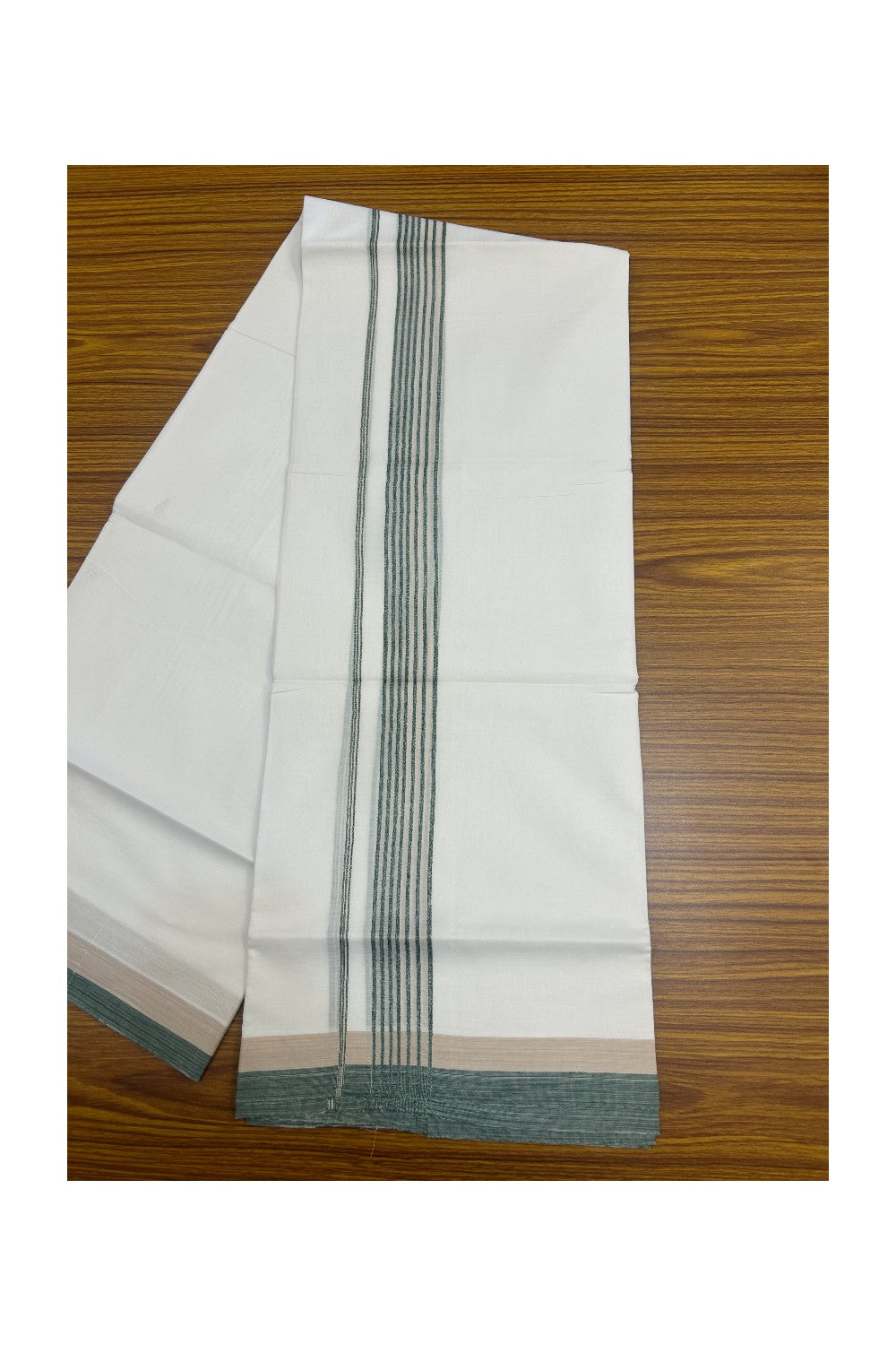 20% DISCOUNT ! KaithariKada Balaramapuram 100% Cotton Double PURE WHITE Mundu/Dhoti - 100X80 - 1.5 inch Silver kasavu Green  & Cream Stripes kara - 21KK5172PMC