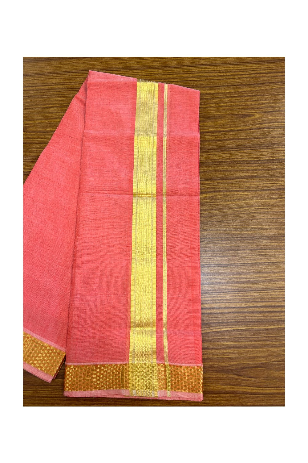 25% Discount! KaithariKada Handloom UNAKKUPAAV Balaramapuram - 100% Cotton Double Mundu/Dhoti - Red Pink Colour Body - 1.75 inch Gold Kasavu Stripes Design - 21KK5176ABH