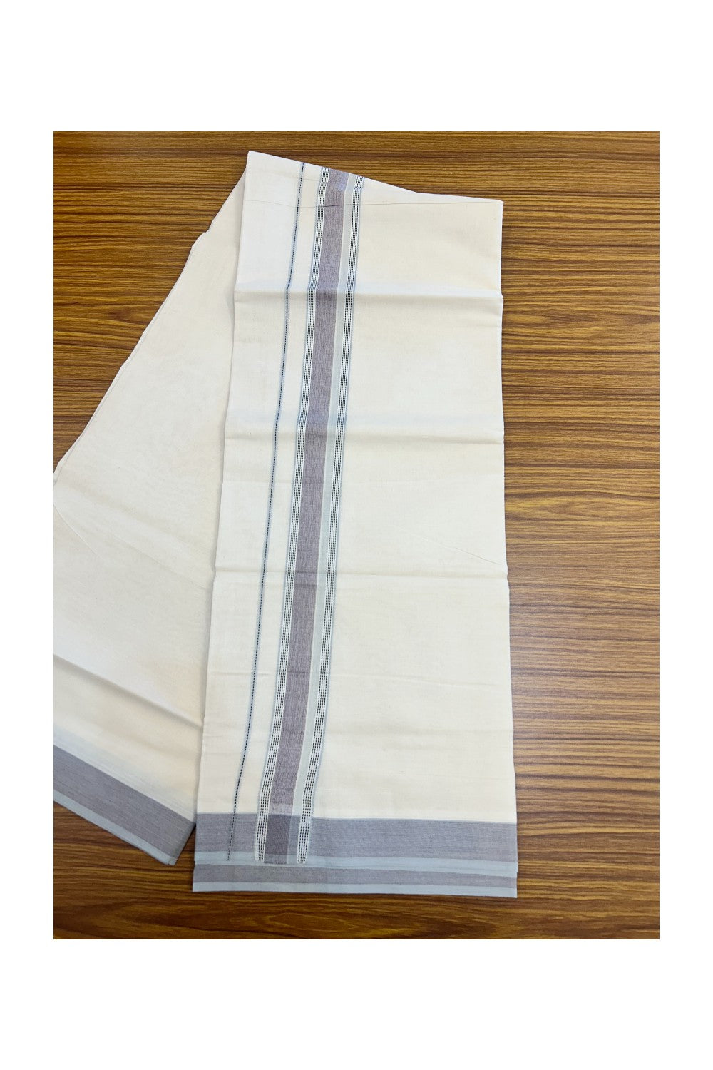 20% DISCOUNT ! KaithariKada Balaramapuram 100%  Cotton OFF WHITE (Unbleached) Double  Mundu/Dhoti - 100X80 - 1.5 inch Purple, Ash Blue & Black Shaded Designer Kara - 21KK5213 VIN