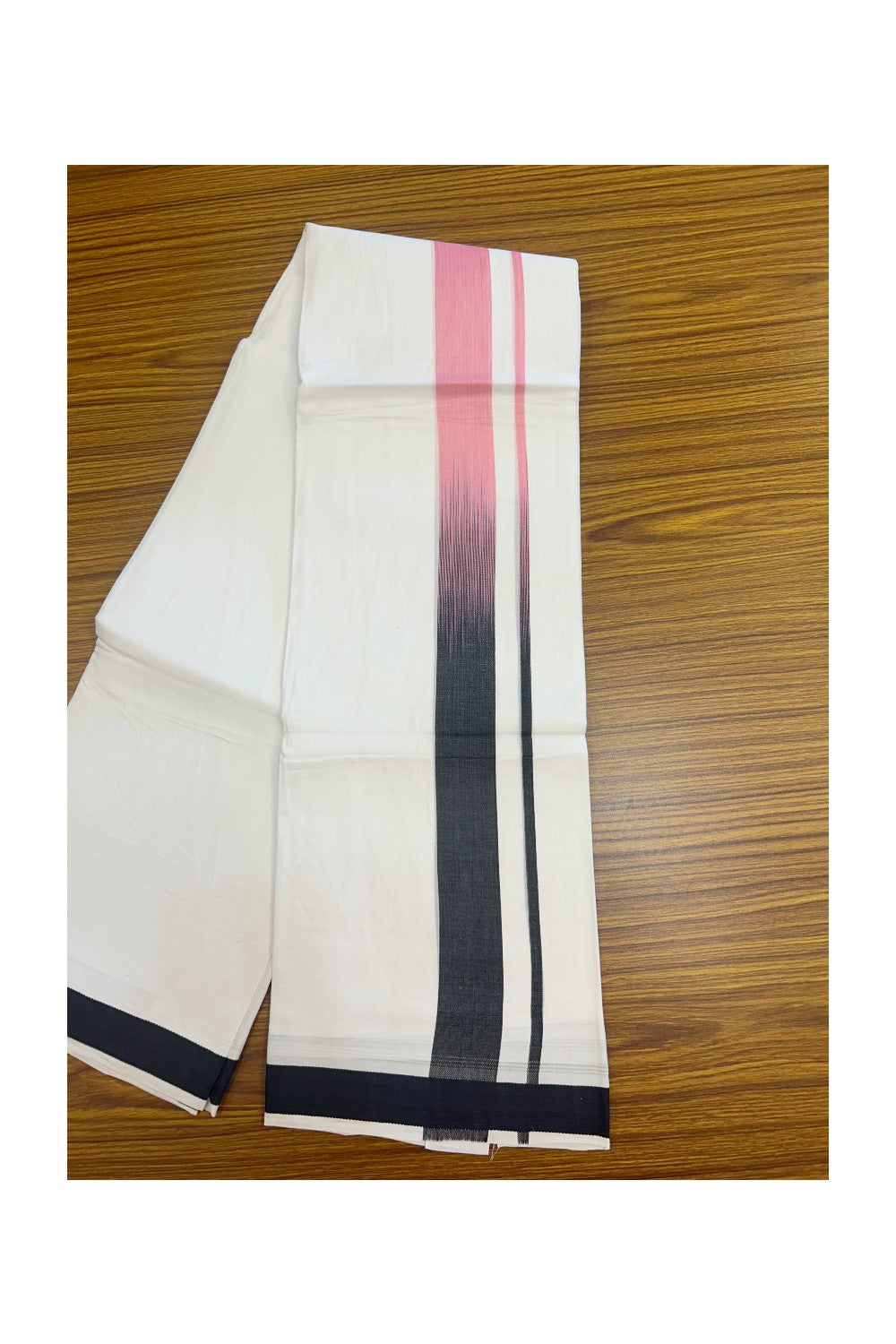 20% Discount!!! KaithariKada Balaramapuram Double PURE WHITE RAINBOW Mundu/Dhoti - 100X80 - 1.5 inch Black & Pink shaded Striped Designer Kara - 21KK5220 THI
