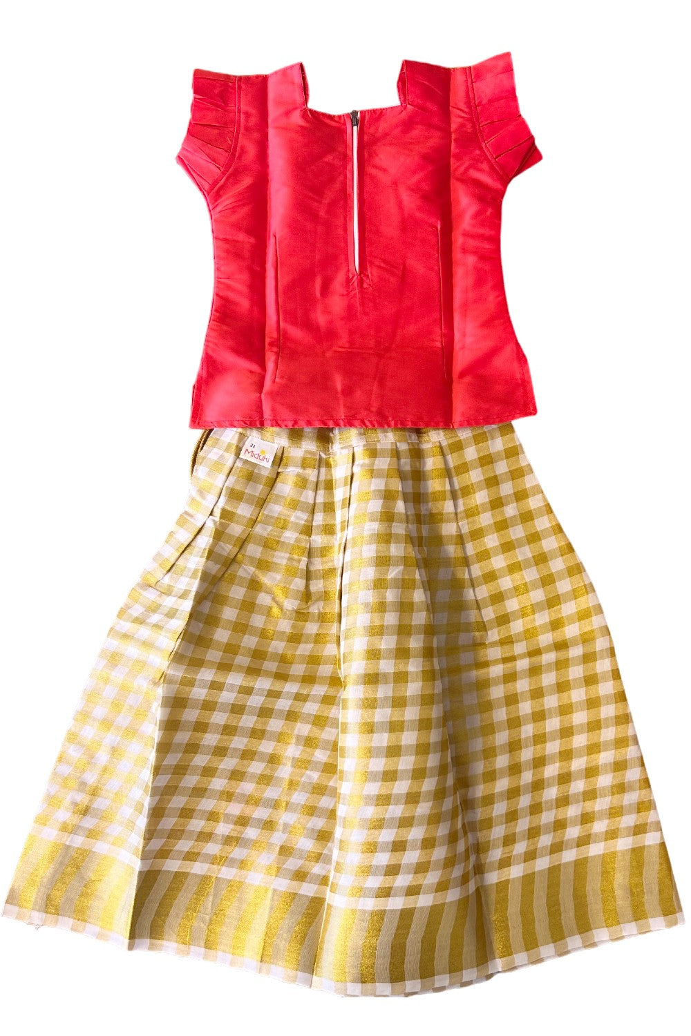 Midukki-Traditional South Indian Kids Pattu Pavada- Orange top offwhite check skirt - Age 5 - KK5MID0021