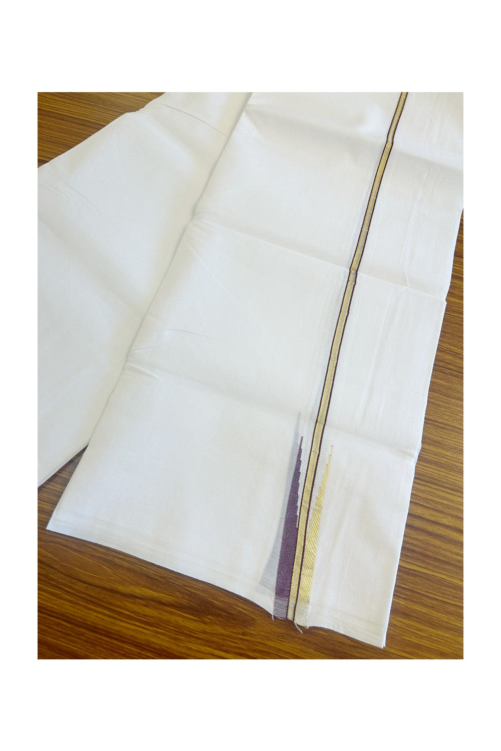 20% DISCOUNT!! KaithariKada Balaramapuram 100% Cotton PURE WHITE Double Mundu/Dhoti-100x100  - 1 inch Puliyilakkara kasavu & Wine purple  chutty - 21KK481ASH