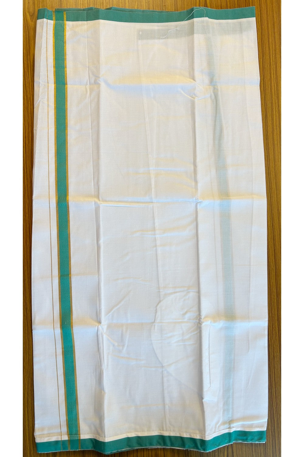 KaithariKada Balaramapuram COTTON SINGLE PURE WHITE VELCRO Mundu/Dhoti - 1.75inch Green & Kasavu kara (2 metre / 4 muzham)- 21KK485SRI