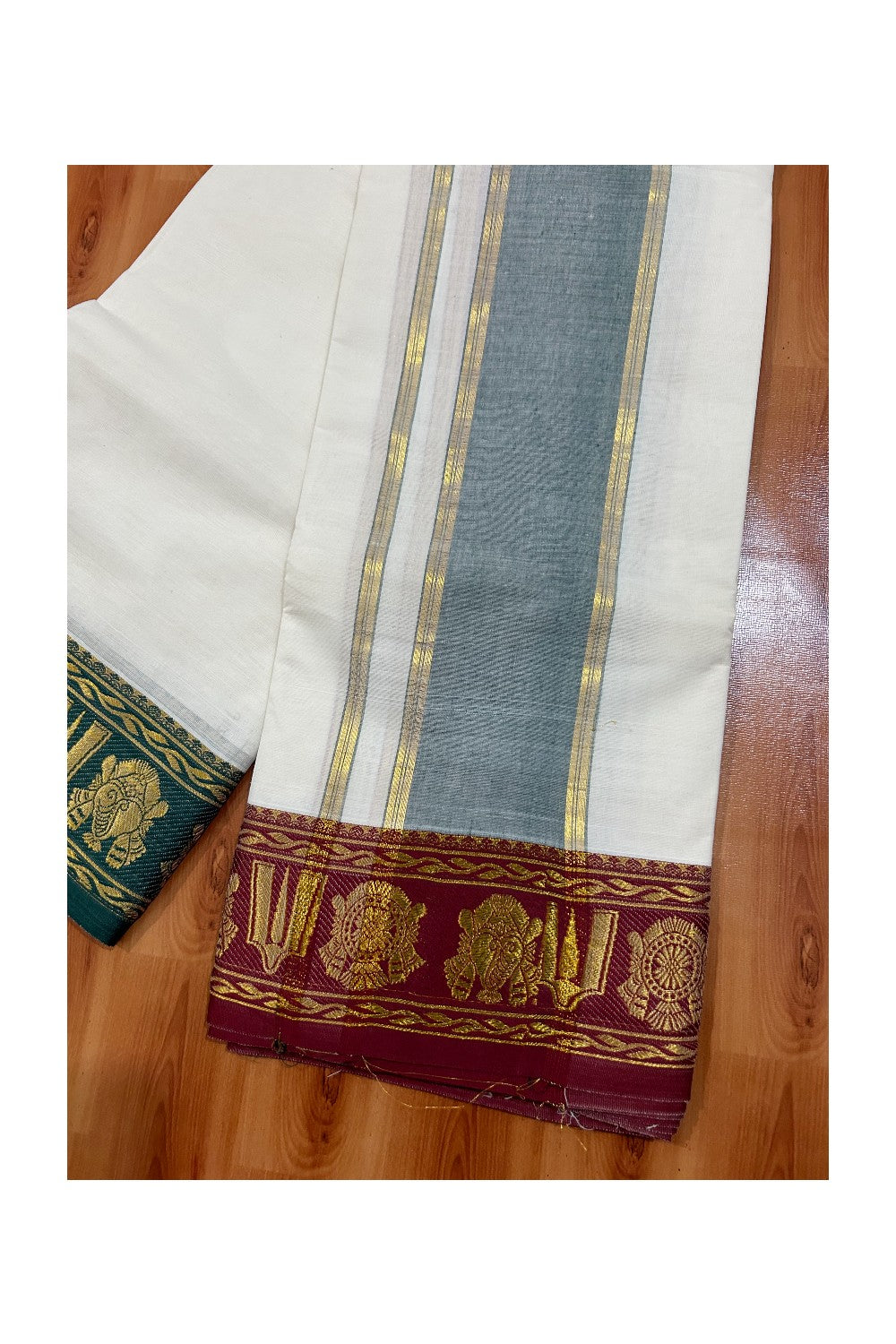36% DISCOUNT! KaithariKada Cotton Mix Off White - (Unbleached) 80x80 thread -80 % Cotton & 20% Polyester- NORTH INDIAN - ATTACHED GAMCHA 9X5 Dhoti 5 inch Green kara with Maroon Kasavu border  - 21KK5005PMC