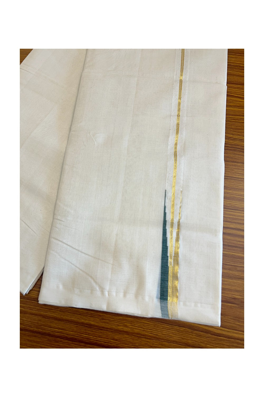 30% DISCOUNT!! KaithariKada HANDLOOM Millpaav Balaramapuram - 100% PURE Cotton OFF White - (Unbleached) Double Mundu/Dothi - 1 inch puliyilakkara Kasavu & green chutty - 21KK5011RAM