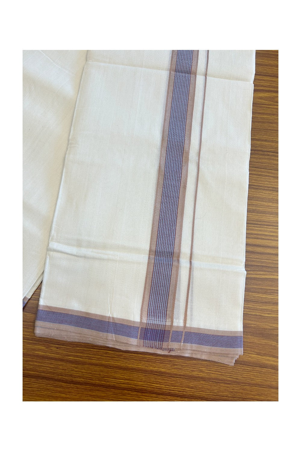 30% Discount KaithariKada HANDLOOM Unakkupaav Balaramapuram - 100% PURE Cotton Off White (Unbleached) - 100x100 Double Mundu/Dhoti -  2.25 inch Brown + Violet & Blue Stripes Kara-98
