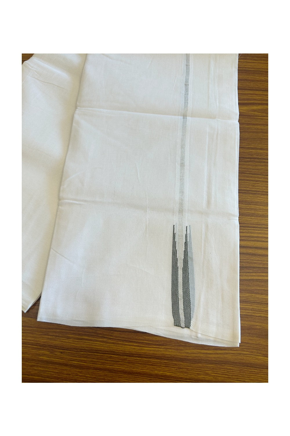 NEW!! 19% Discount!! KaithariKada Balaramapuram 100% Cotton PURE WHITE Double Mundu/Dhoti-100x100 0.75 inch  Puliyilakkara Chutty Silver Kasavu & Sage Green Kara- Onam Collection-181