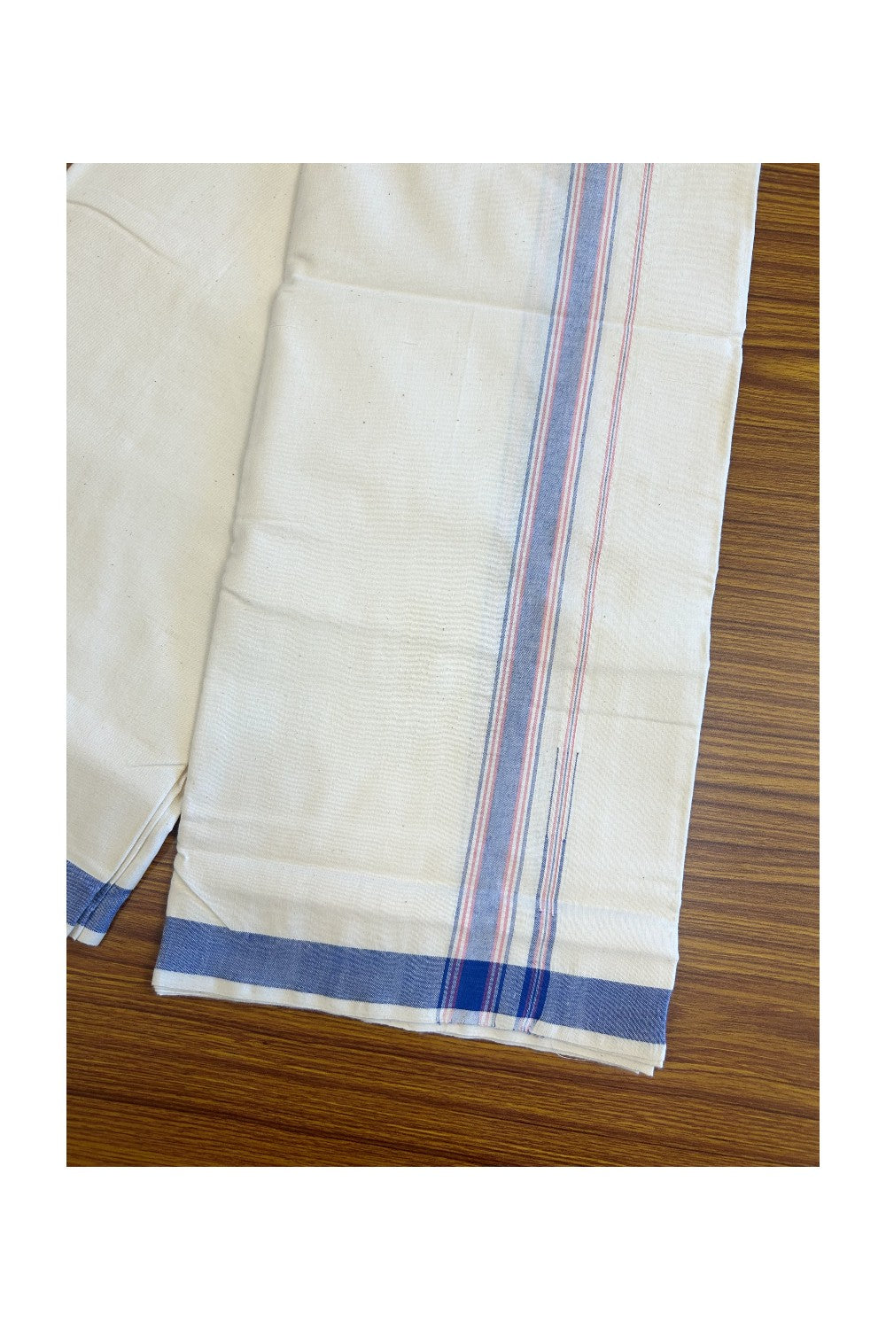 30% Discount ! KaithariKada 100% Cotton Balaramapuram HANDLOOM Single Mundu/Dhoti - Off White (Unbleached) 1.Inch (2 meter / 4 muzham) Blue & Red Stripes Kasavu Puliyilakkara Chutty.