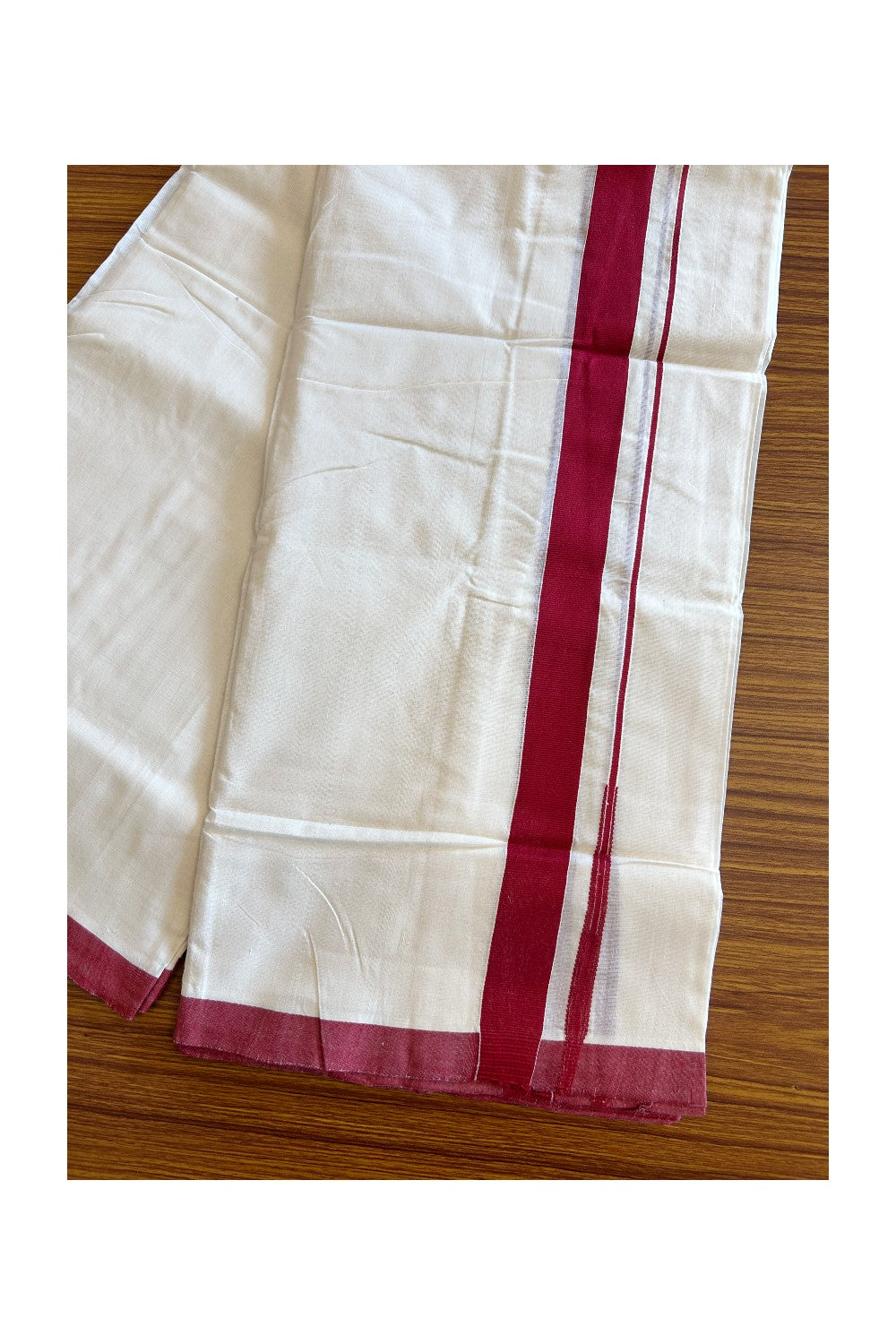 30% DISCOUNT!! KaithariKada HANDLOOM Unakkupaavu Balaramapuram - 100% PURE Cotton OFF White (Unbleached) Double Mundu/Dothi - 1.25 inch puliyilakkara Maroon Red chutty- 18KK400ASH