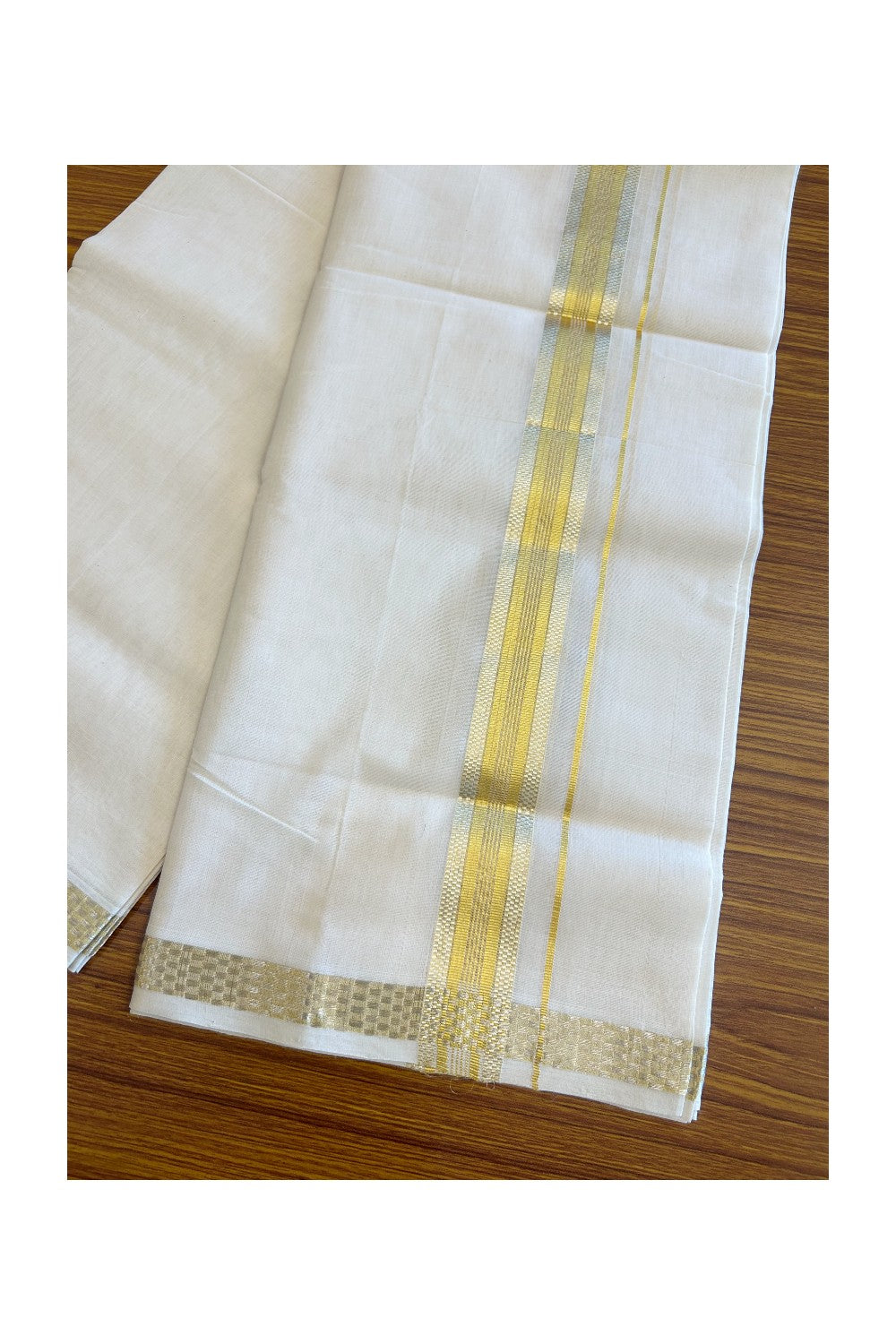25% Discount!!! KaithariKada HANDLOOM UNAKKUPAAV Balaramapuram - 100% PURE Cotton off white (Unbleached) Double Mundu/Dhoti -100x 100 - 2 inch Gold & silver Kasavu Stripes Design kara  - 20KK5096YAR