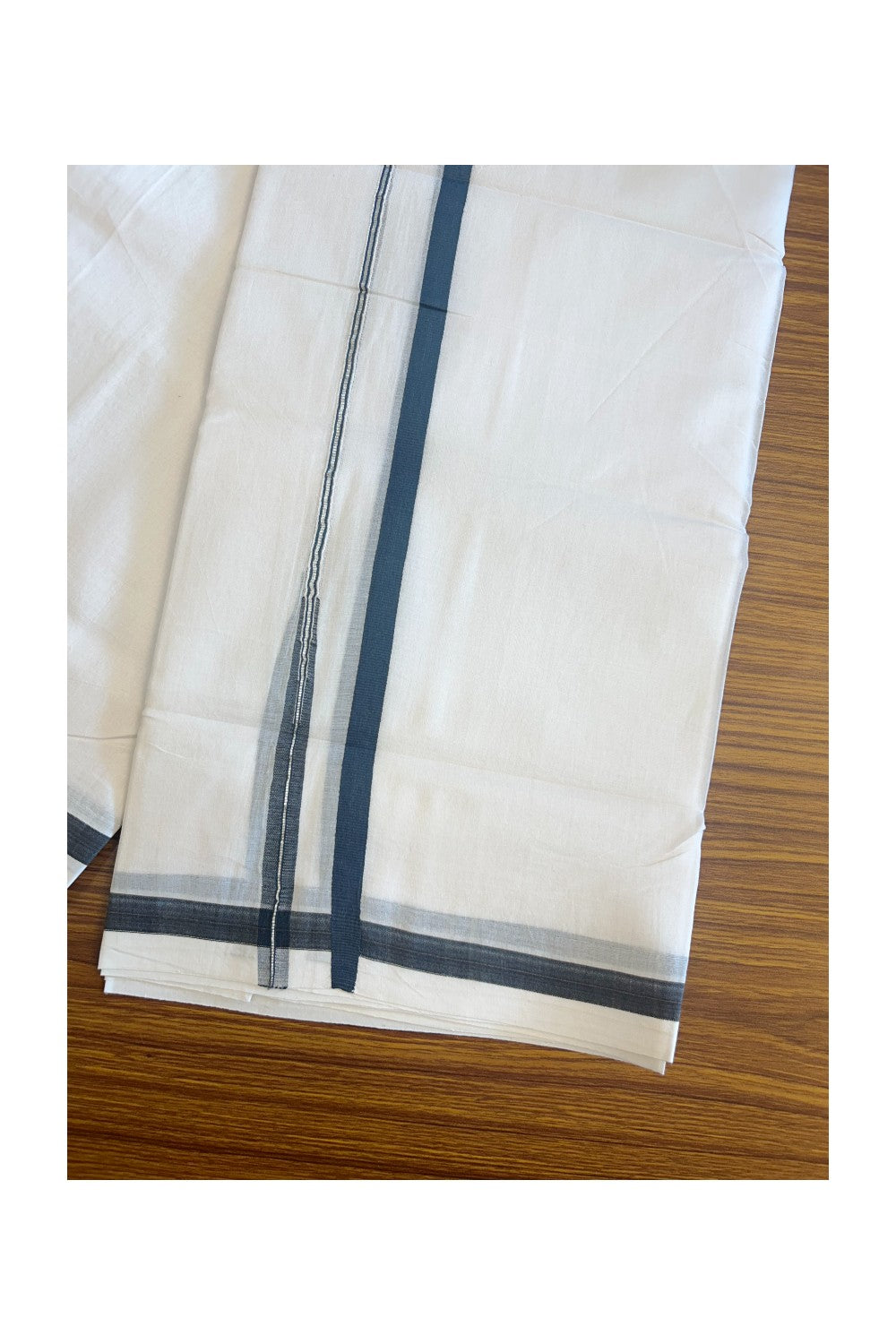 30% DISCOUNT!! KaithariKada HANDLOOM Unakkupaavu Balaramapuram - 100% PURE Cotton PURE WHITE - Double Mundu/Dothi - Ash Blue & Silver puliyilakkara chutty - 21KK5129YAR