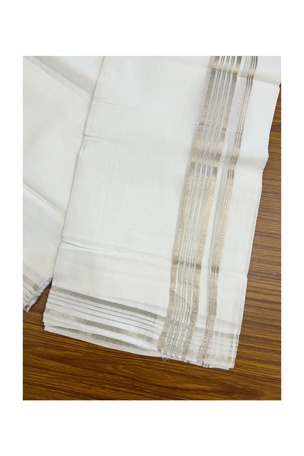 25% DISCOUNT! KaithariKada Balaramapuram 100% Cotton Double PURE white Mundu/Dhoti - 100x100 - 1.25 inch Silver Kasavu STRIPED Kara - 21KK5139THI