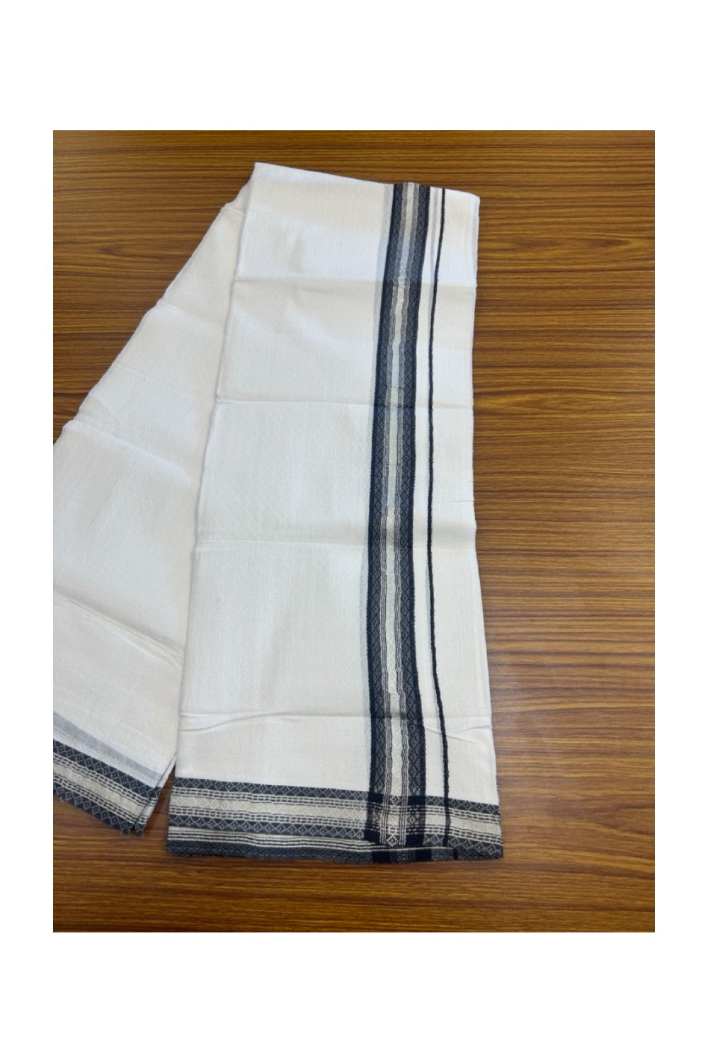 EMBOSSED COTTON 33% DISCOUNT!! Kaitharikada Balaramapuram 100% Cotton PURE WHITE Double Mundu/Dothi - 100X80 - 1.5 Inch Black Silver striped Kara with embossed design body - 21KK5155THI