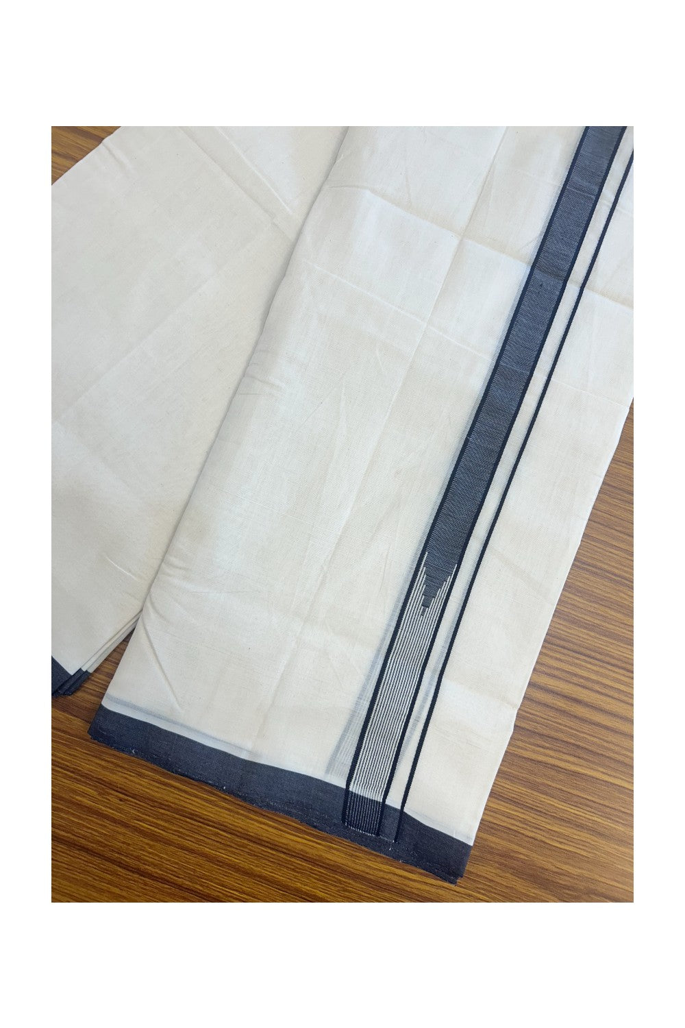 25% DISCOUNT!! KaithariKada HANDLOOM  UNAKKUPAAV Balaramapuram - 100% PURE Cotton OFF White - (Unbleached) Double Mundu/Dothi - 100X100 - 1 inch Silver kasavu Puliyilakkara Navy blue & White striped chutty 3.80 meter (8.5 Muzham) - 7KK5167REA