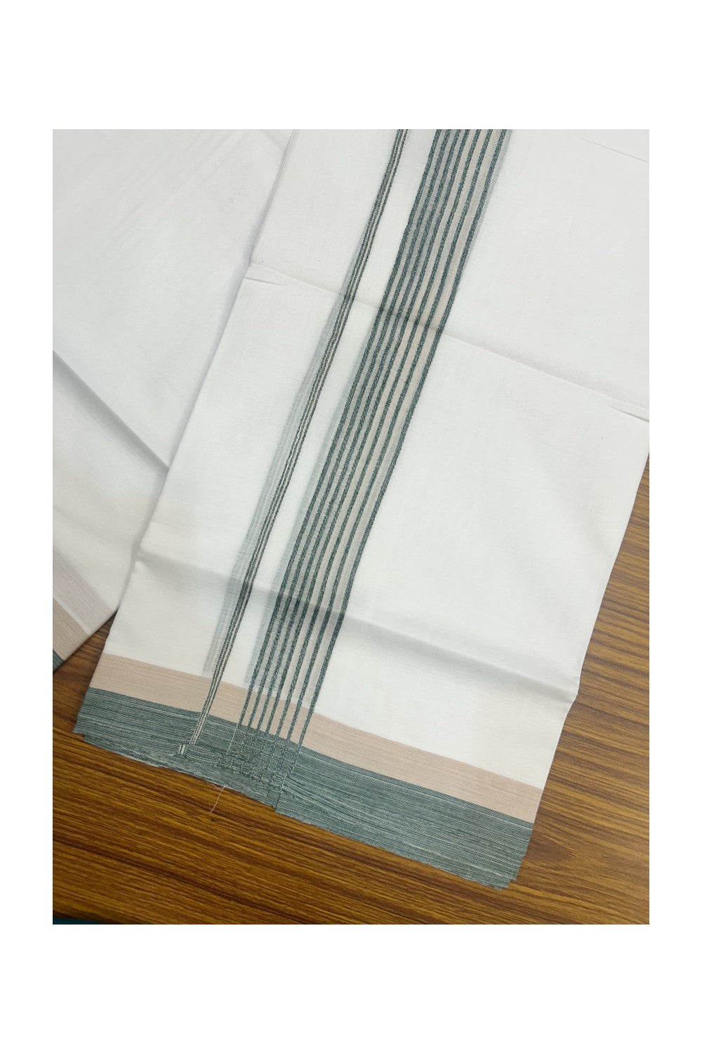20% DISCOUNT ! KaithariKada Balaramapuram 100% Cotton Double PURE WHITE Mundu/Dhoti - 100X80 - 1.5 inch Silver kasavu Green  & Cream Stripes kara - 21KK5172PMC