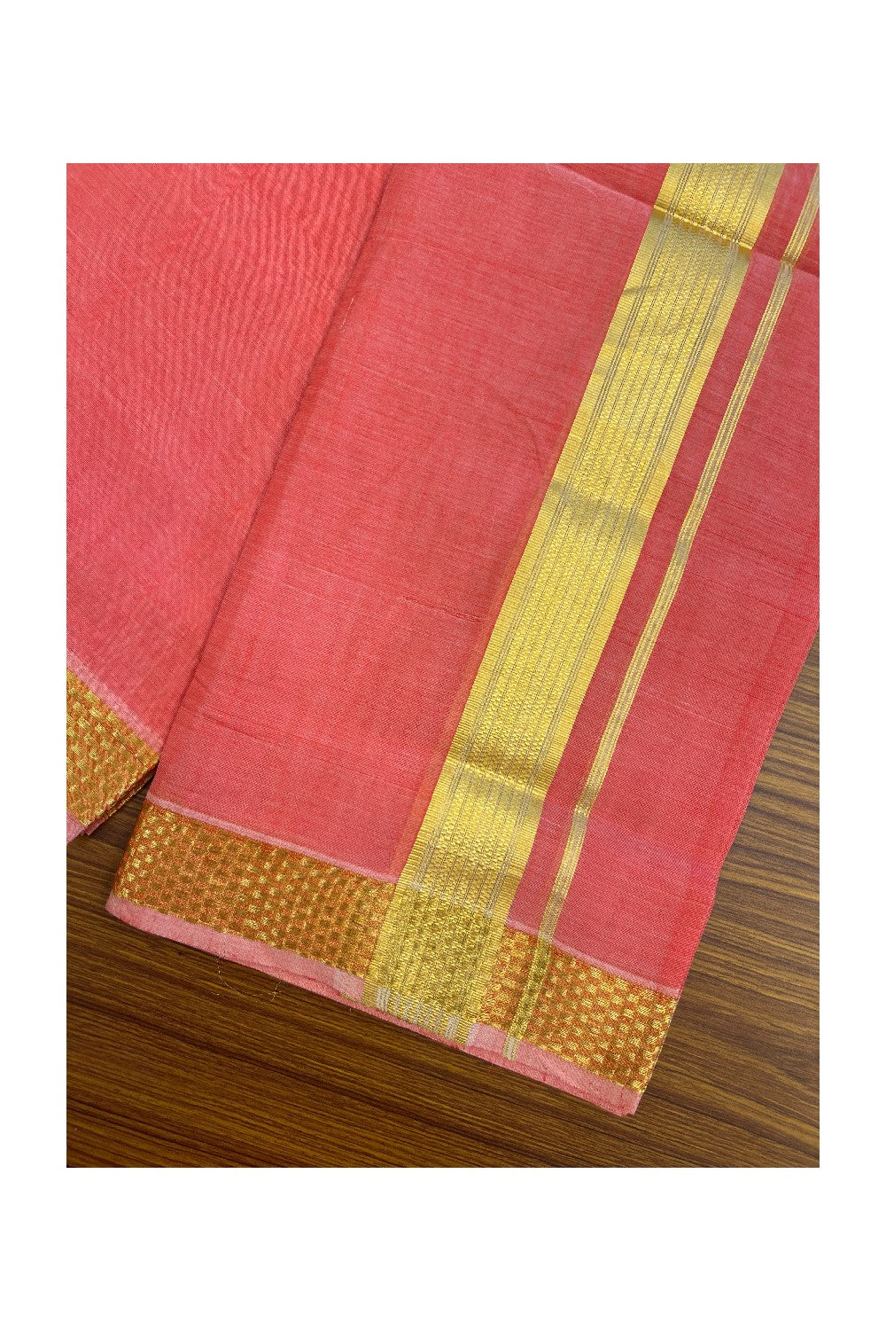 25% Discount! KaithariKada Handloom UNAKKUPAAV Balaramapuram - 100% Cotton Double Mundu/Dhoti - Red Pink Colour Body - 1.75 inch Gold Kasavu Stripes Design - 21KK5176ABH