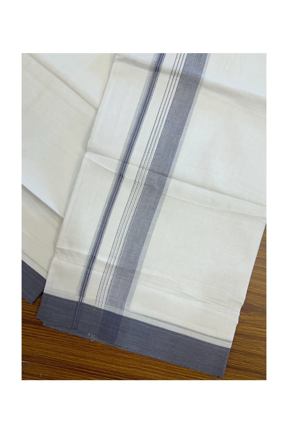20% Discount ! Kaitharikada Balaramapuram 100% Cotton PURE WHITE Double Mundu/Dothi - 100x80 - 1.5 inch Purple Ash Shaded Striped Kara - 21KK5183VIN