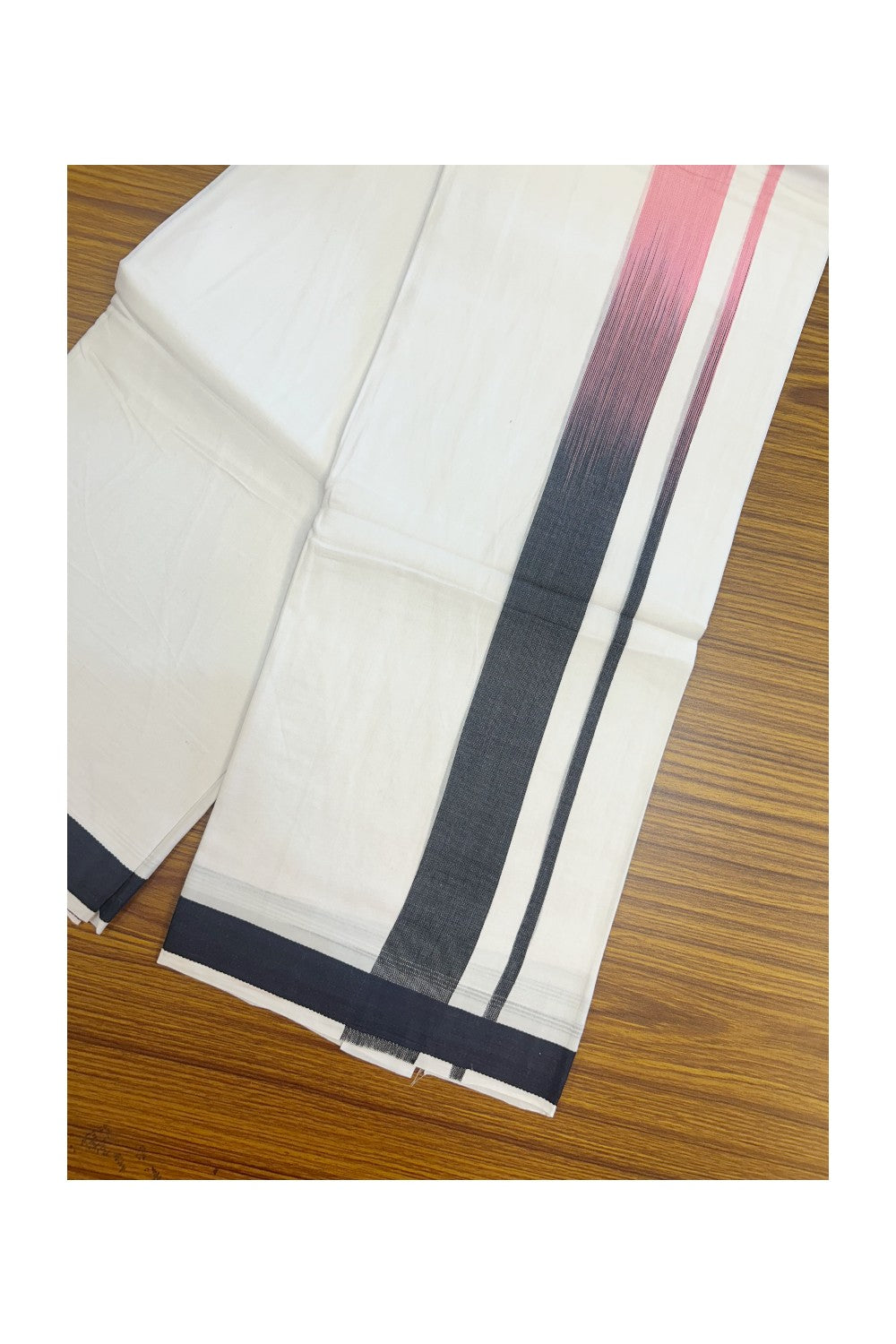 20% Discount!!! KaithariKada Balaramapuram Double PURE WHITE RAINBOW Mundu/Dhoti - 100X80 - 1.5 inch Black & Pink shaded Striped Designer Kara - 21KK5220 THI