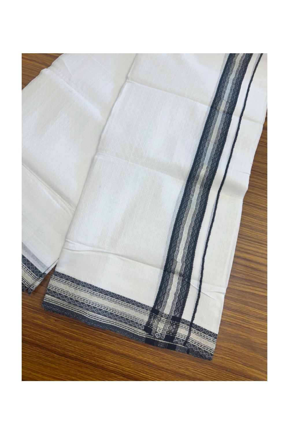EMBOSSED COTTON 33% DISCOUNT!! Kaitharikada Balaramapuram 100% Cotton PURE WHITE Double Mundu/Dothi - 100X80 - 1.5 Inch Black Silver striped Kara with embossed design body - 21KK5155THI