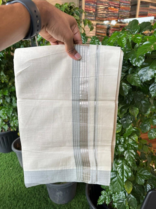 20% Discount! KaithariKada Balaramapuram 100% Cotton Off white Double Mundu/Dhoti - (100x80)S - 1.5 inch Ash Blue & Silver Kasav Striped Kara - 4mtr (8.5muzham) - 74 KK5255 VAS