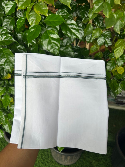 24% Discount !! KaithariKada Balaramapuram 100% Cotton Pure white Single Mundu/Dhoti - Twisted 60s Thread- 1 cm Silver Kasavu & Peacock Blue Kara (2 meter / 4 muzham) - 22KK5241 GL
