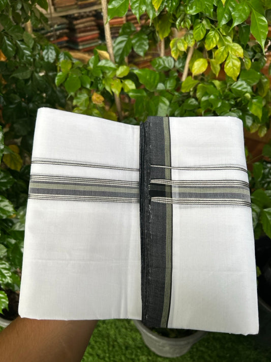 25% Discount!! NEW ULTRA PURE WHITE HANDLOOM Balaramapuram - 100% MERCERISED Cotton Double Mundu/Dhoti - 120 twisted warp x 80s weft - Green Black Silver Kasav Kara- 22KK5248 REA