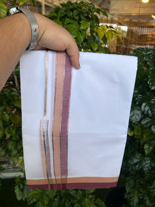 26% Discount ! NEW! KaithariKada Balaramapuram 100% Cotton Pure white Double Mundu/Dhoti - (100x80)s - Orange Brown Maroon Chutty Silver Kasav - 22 KK5252 CKS