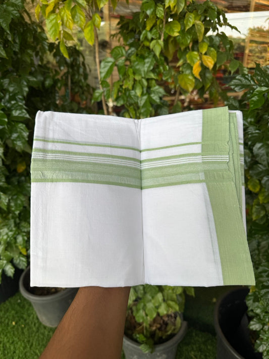 Short Dhoti Special - 28% Discount ! KaithariKada 100% Cotton Pure White Double Mundu / Dhoti - 100x80 - 45 inch Height 3.80 m Length  1.5 inch Light Green kara - 22 KK5258 THI