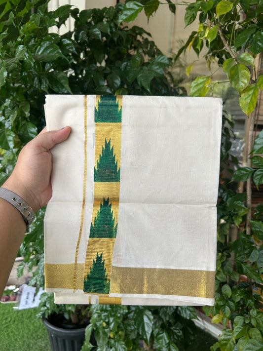KaithariKada 100% Cotton Double Off White - (Ubleached) Mundu/Dhoti - 80x80 - 1.5 inch Gold Kasavu & Green Temple Printed Design Kara - 4 mtr (8 muzham)- 22 KK5262 STH