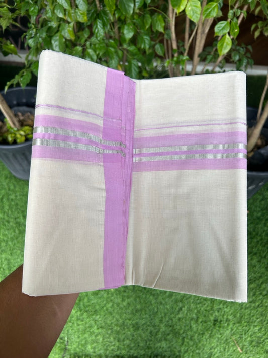 31% DISCOUNT!! KaithariKada HANDLOOM Millpaav Balaramapuram - 100% PURE Cotton OFF White Double - (Unbleached) Mundu/Dothi - 1.75 Inch Silver Kasav Purple Pink kara - 22kk5153RAM