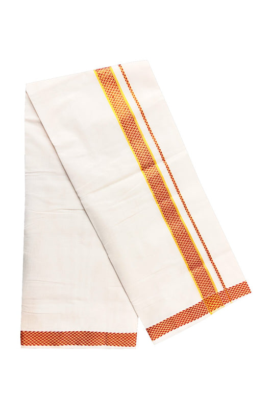30% DISCOUNT ! KaithariKada HANDLOOM Unakkupaav Balaramapuram - 100% PURE Cotton 3.75  Off White (Unbleached) Double Mundu/Dhoti - Brick Red Check & KASAVU DESIGN 2.5 Inch  KARA- ABH22