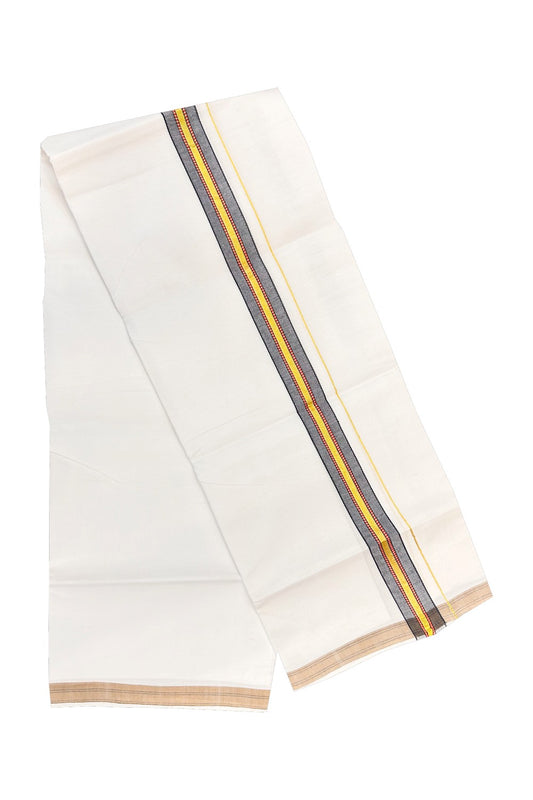 30% OFFER! KaithariKada 100% Cotton Balaramapuram HANDLOOM Single PURE WHITE Mundu/Dhoti - 2 inch (2 meter / 4 muzham) Black Kasavu Kara & Red Stripes Design - 22KAI.