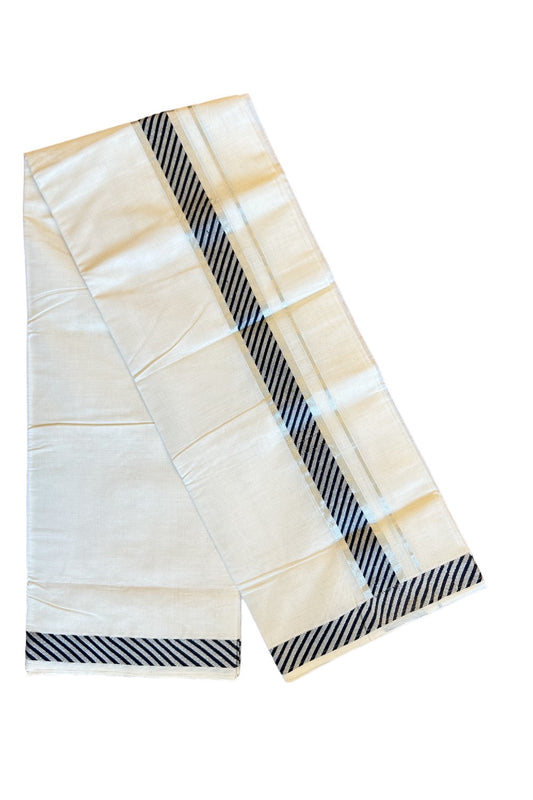 25% DISCOUNT!! KaithariKada HANDLOOM UNAKKUPAAV Balaramapuram - 100% PURE Cotton OFF White (Unbleached) Double Mundu/Dothi - 2.75 Inch Navy Blue & silver pattern Kara - 22KK456KK