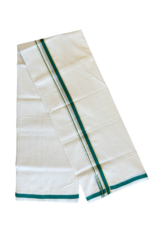 23% Discount!!! KaithariKada HANDLOOM UNAKKUPAAV Balaramapuram - 100% PURE Cotton off white (Unbleached) Double Mundu/Dhoti - 2 cm Green & kasavu Puliyilakkara chutty - 22KK458SOM