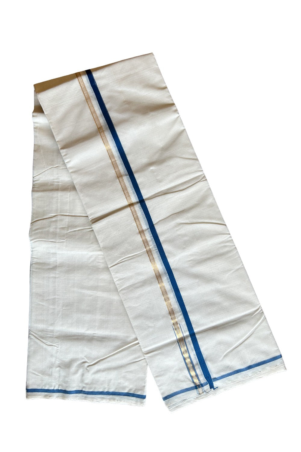 16% DISCOUNT!! KaithariKada HANDLOOM Millpaav Balaramapuram - 100% PURE Cotton OFF White - (Unbleached)  Double Mundu/Dothi - 1 cm Puliyilakkara side striped Gold kasavu Blue chutty 3.75 mtr (8 Muzham) - 22KK462RAM
